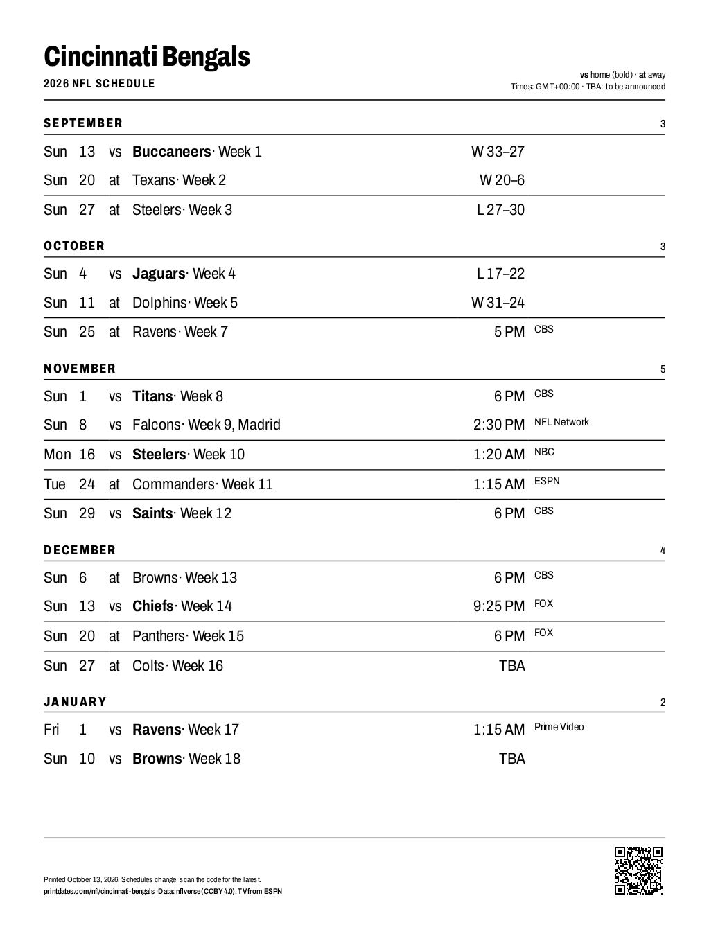 Cincinnati Bengals 2026 printable schedule, all 17 games on one page
