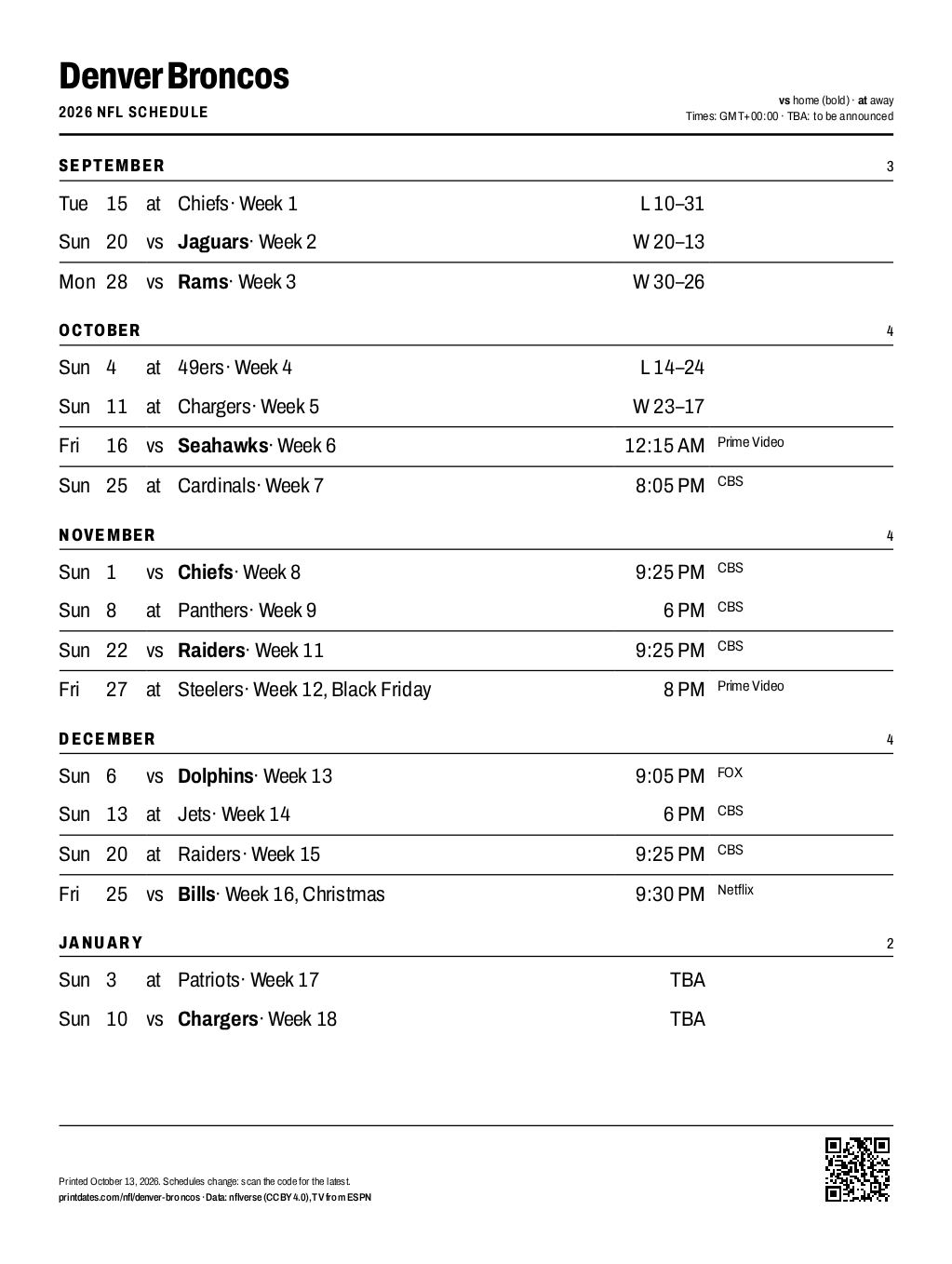 Denver Broncos 2026 printable schedule, all 17 games on one page
