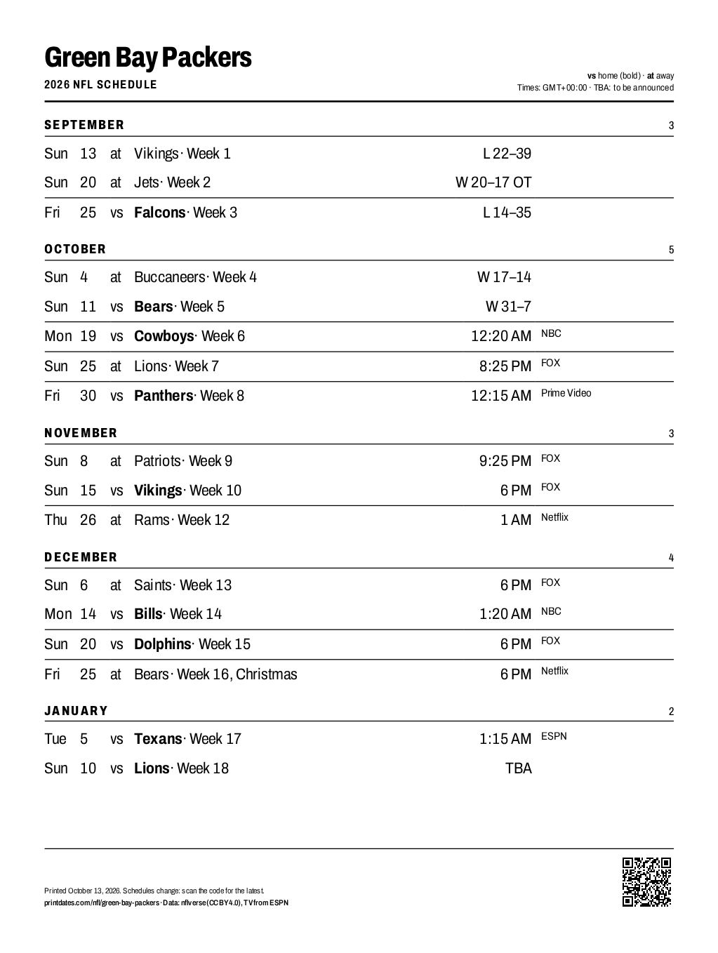 Green Bay Packers 2026 printable schedule, all 17 games on one page