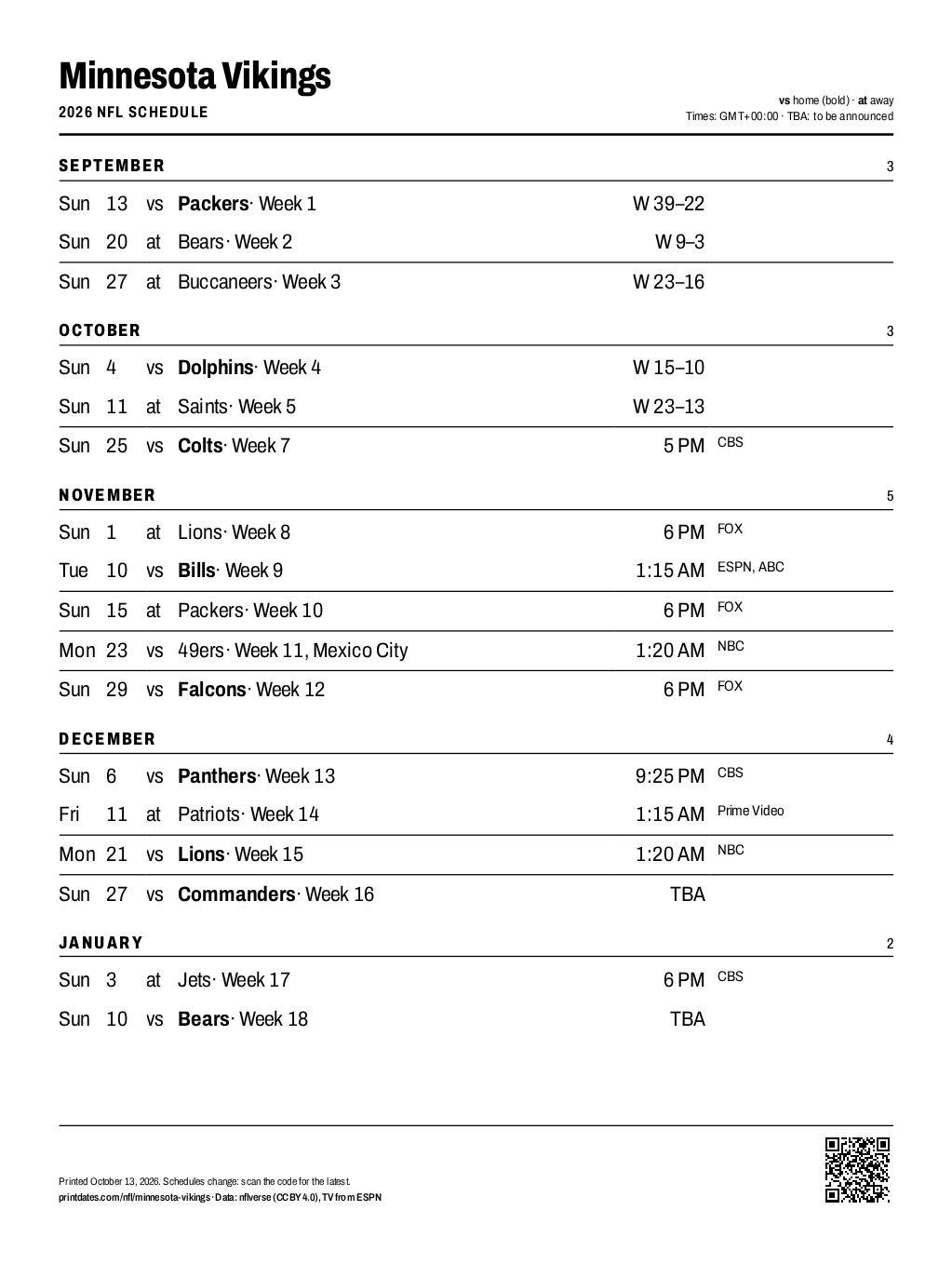 Minnesota Vikings 2026 printable schedule, all 17 games on one page