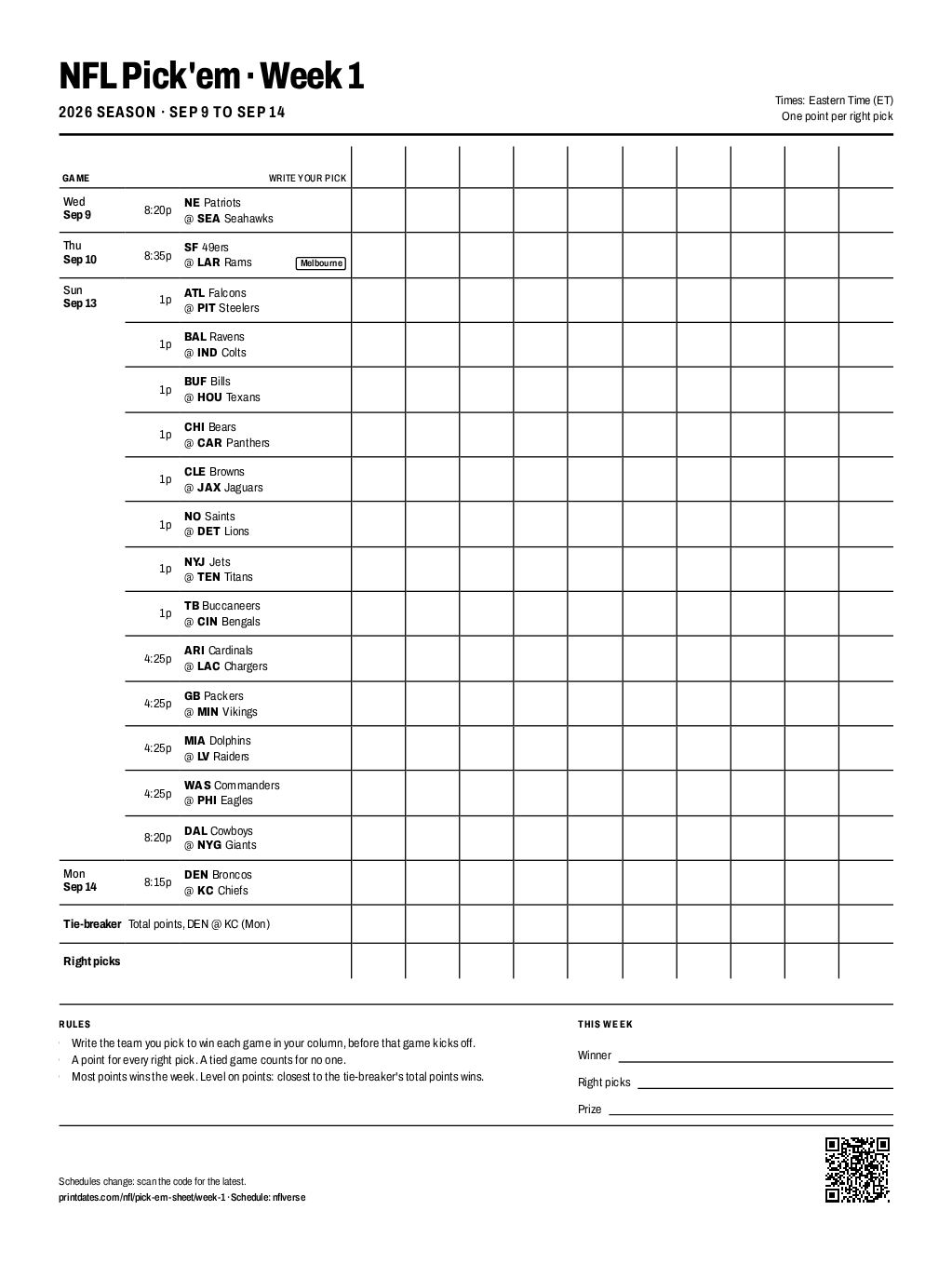 NFL pick'em sheet, Week 1 2026: all 16 games with pick columns for 10 players on one printable page