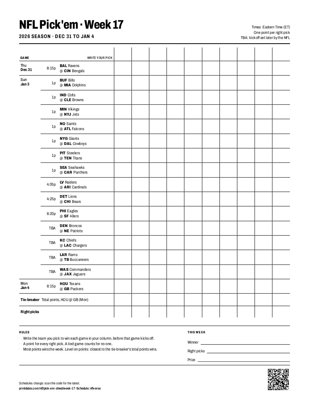 NFL pick'em sheet, Week 17 2026: all 16 games with pick columns for 10 players on one printable page