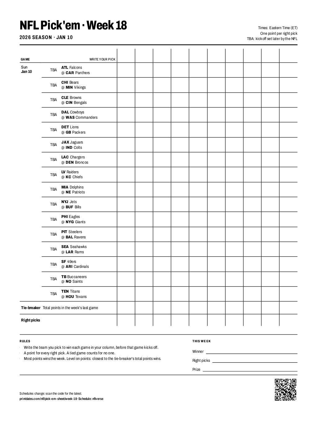 NFL pick'em sheet, Week 18 2026: all 16 games with pick columns for 10 players on one printable page