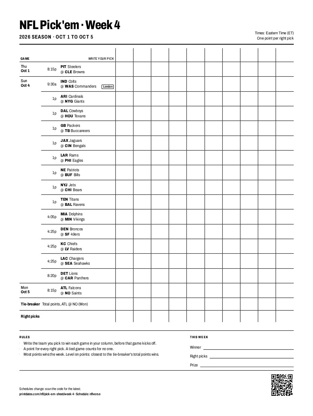 NFL pick'em sheet, Week 4 2026: all 16 games with pick columns for 10 players on one printable page