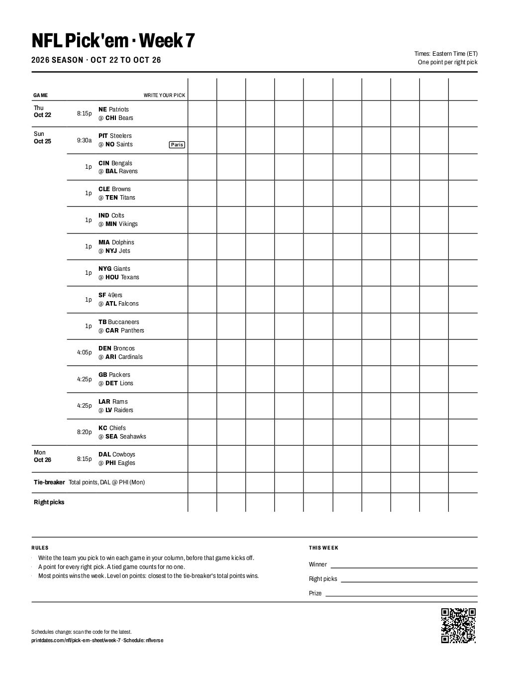 NFL pick'em sheet, Week 7 2026: all 14 games with pick columns for 10 players on one printable page