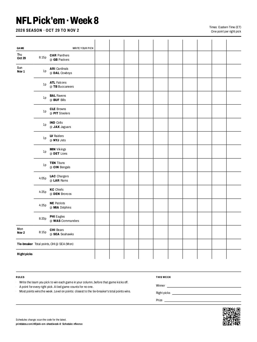 NFL pick'em sheet, Week 8 2026: all 14 games with pick columns for 10 players on one printable page