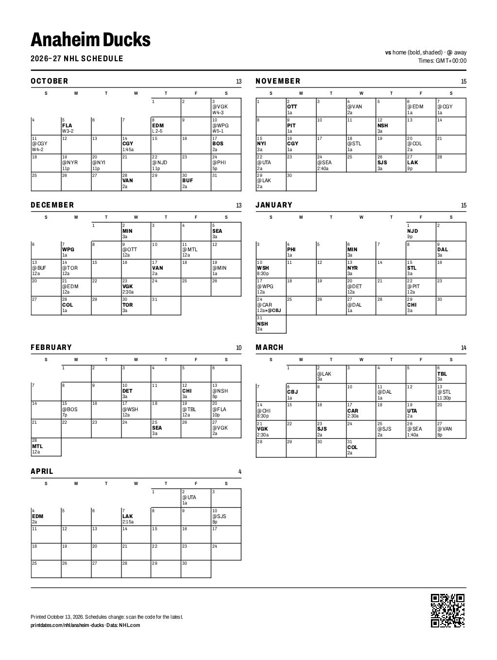 Anaheim Ducks 2026–27 printable schedule, all 84 games on one page