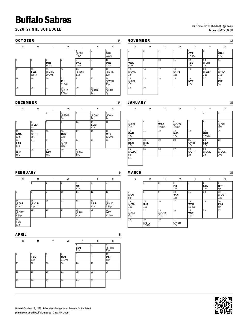 Buffalo Sabres 2026–27 printable schedule, all 84 games on one page