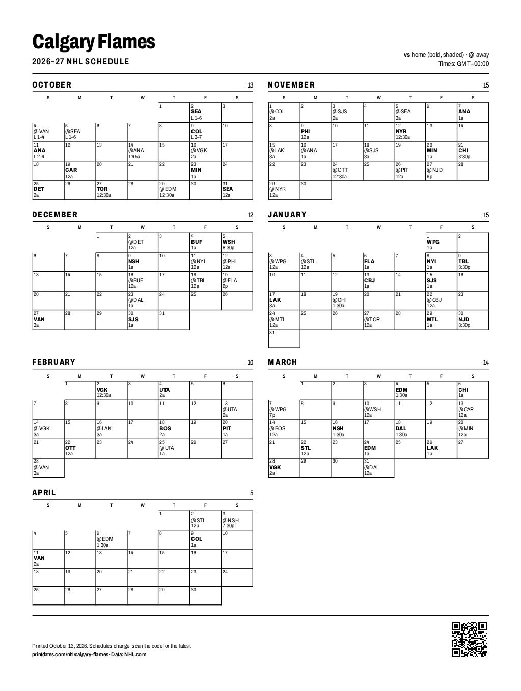 Calgary Flames 2026–27 printable schedule, all 84 games on one page