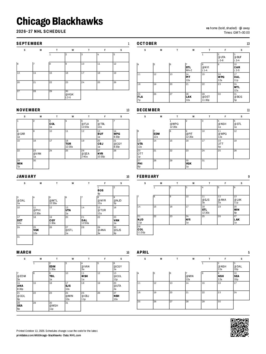 Chicago Blackhawks 2026–27 printable schedule, all 84 games on one page