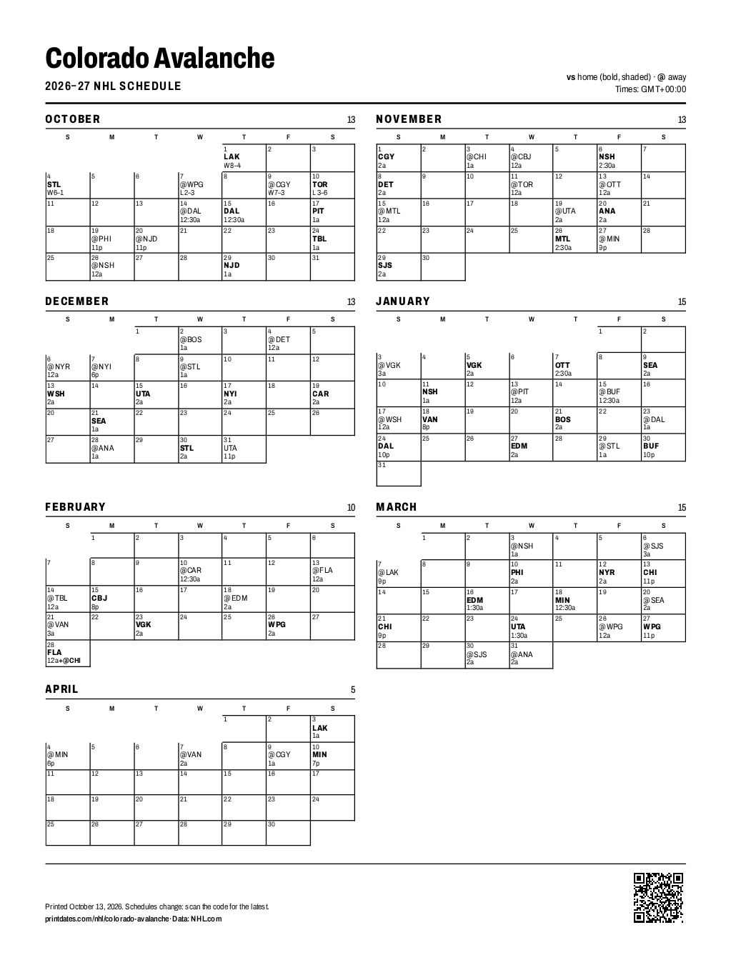 Colorado Avalanche 2026–27 printable schedule, all 84 games on one page