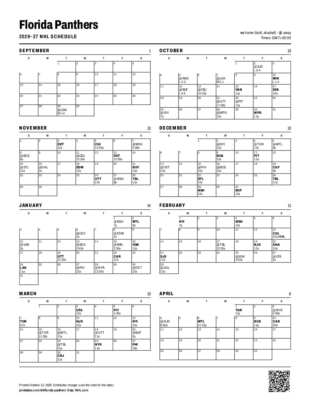 Florida Panthers 2026–27 printable schedule, all 84 games on one page