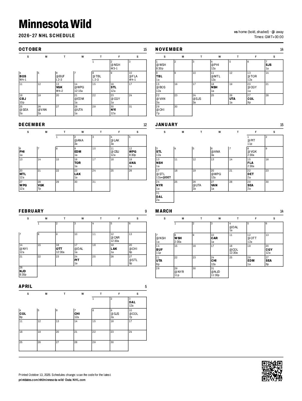 Minnesota Wild 2026–27 printable schedule, all 84 games on one page