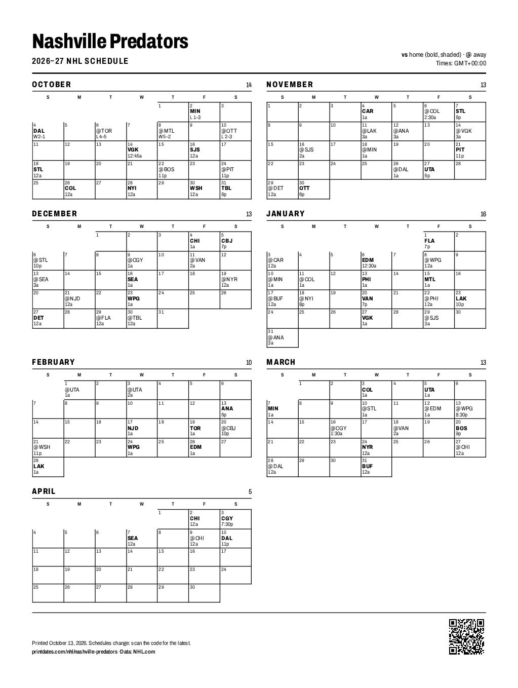 Nashville Predators 2026–27 printable schedule, all 84 games on one page