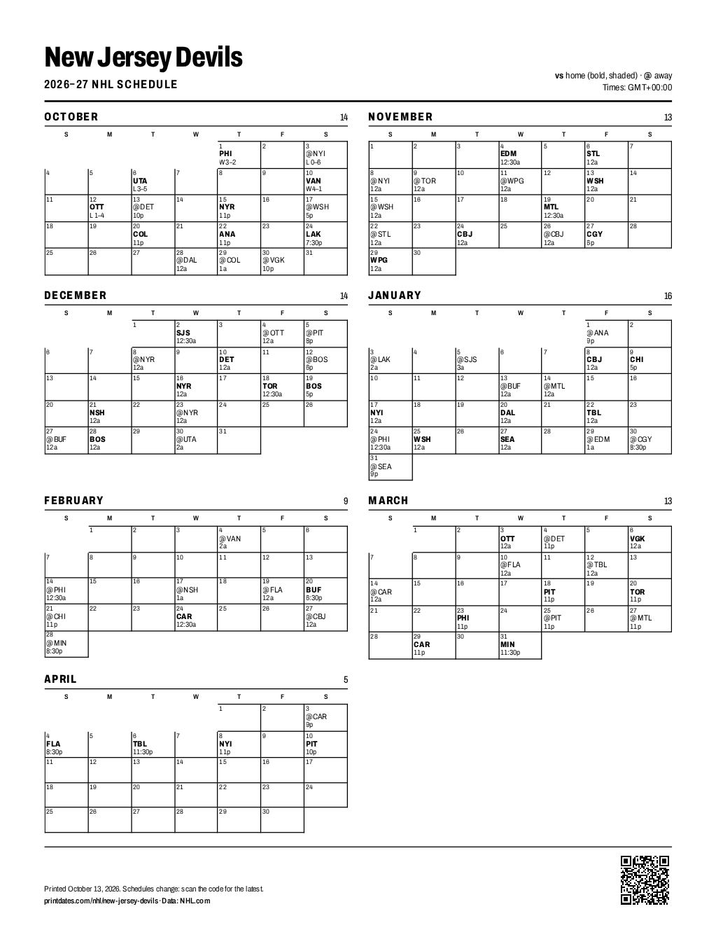 New Jersey Devils 2026–27 printable schedule, all 84 games on one page