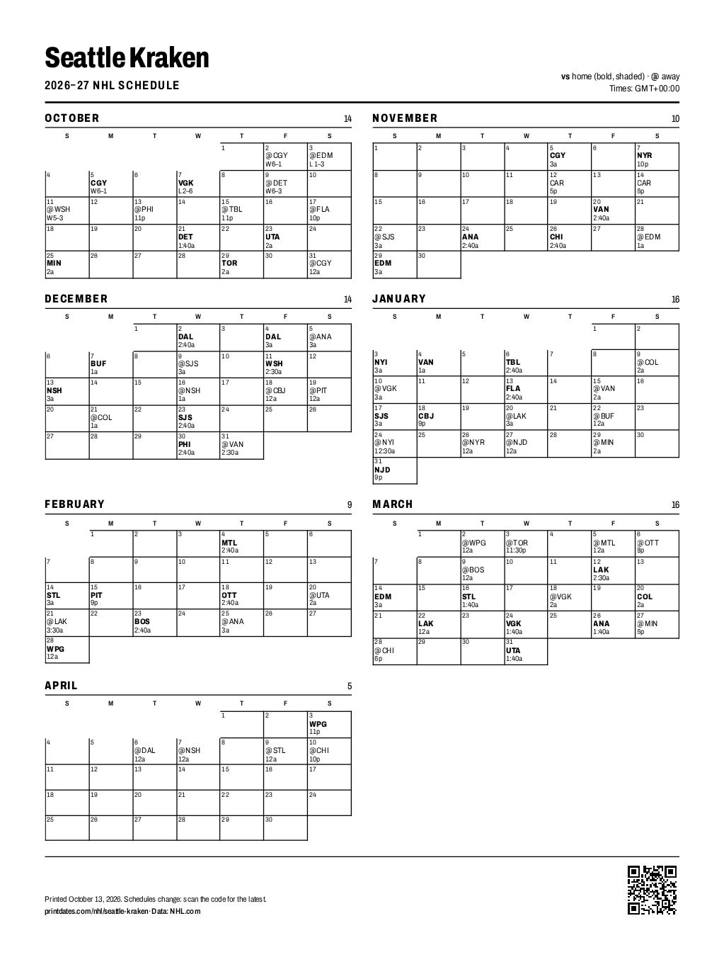 Seattle Kraken 2026–27 printable schedule, all 84 games on one page