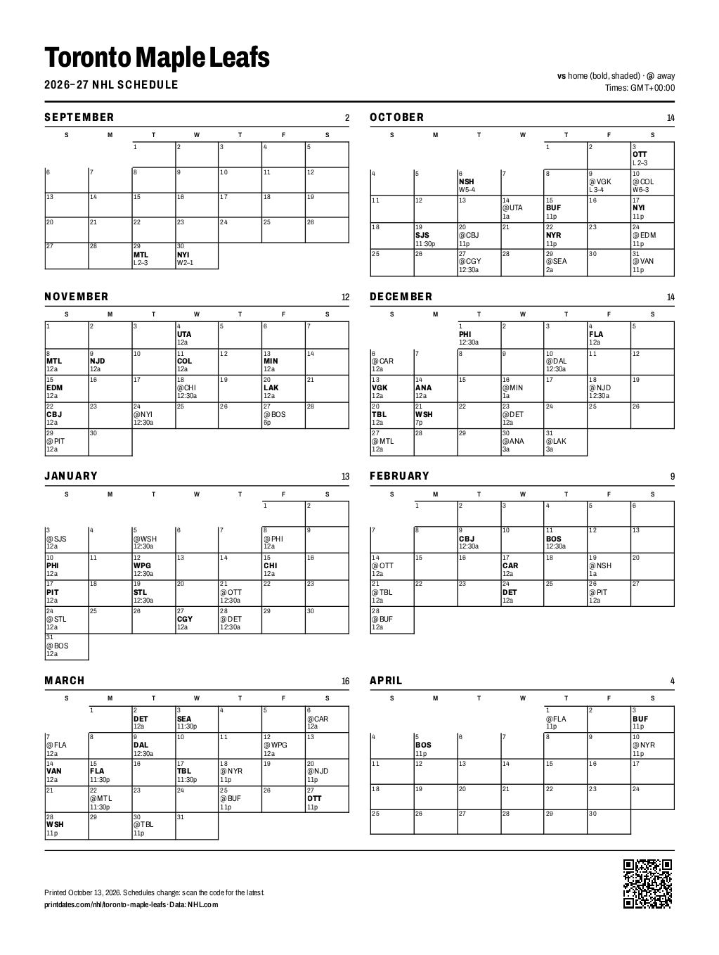 Toronto Maple Leafs 2026–27 printable schedule, all 84 games on one page