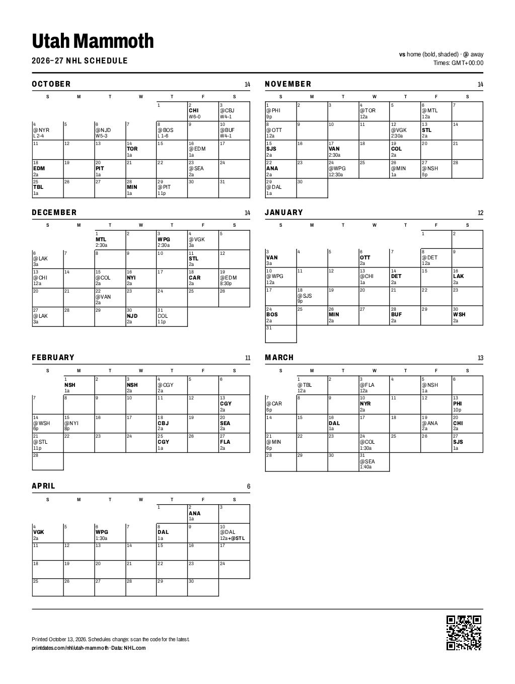 Utah Mammoth 2026–27 printable schedule, all 84 games on one page