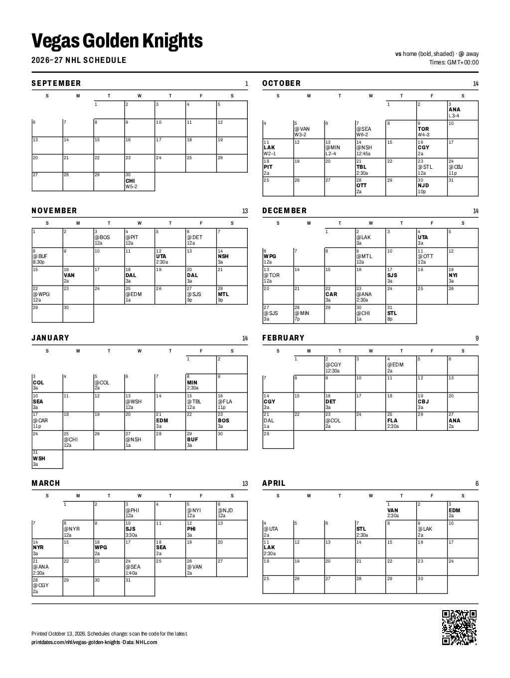 Vegas Golden Knights 2026–27 printable schedule, all 84 games on one page