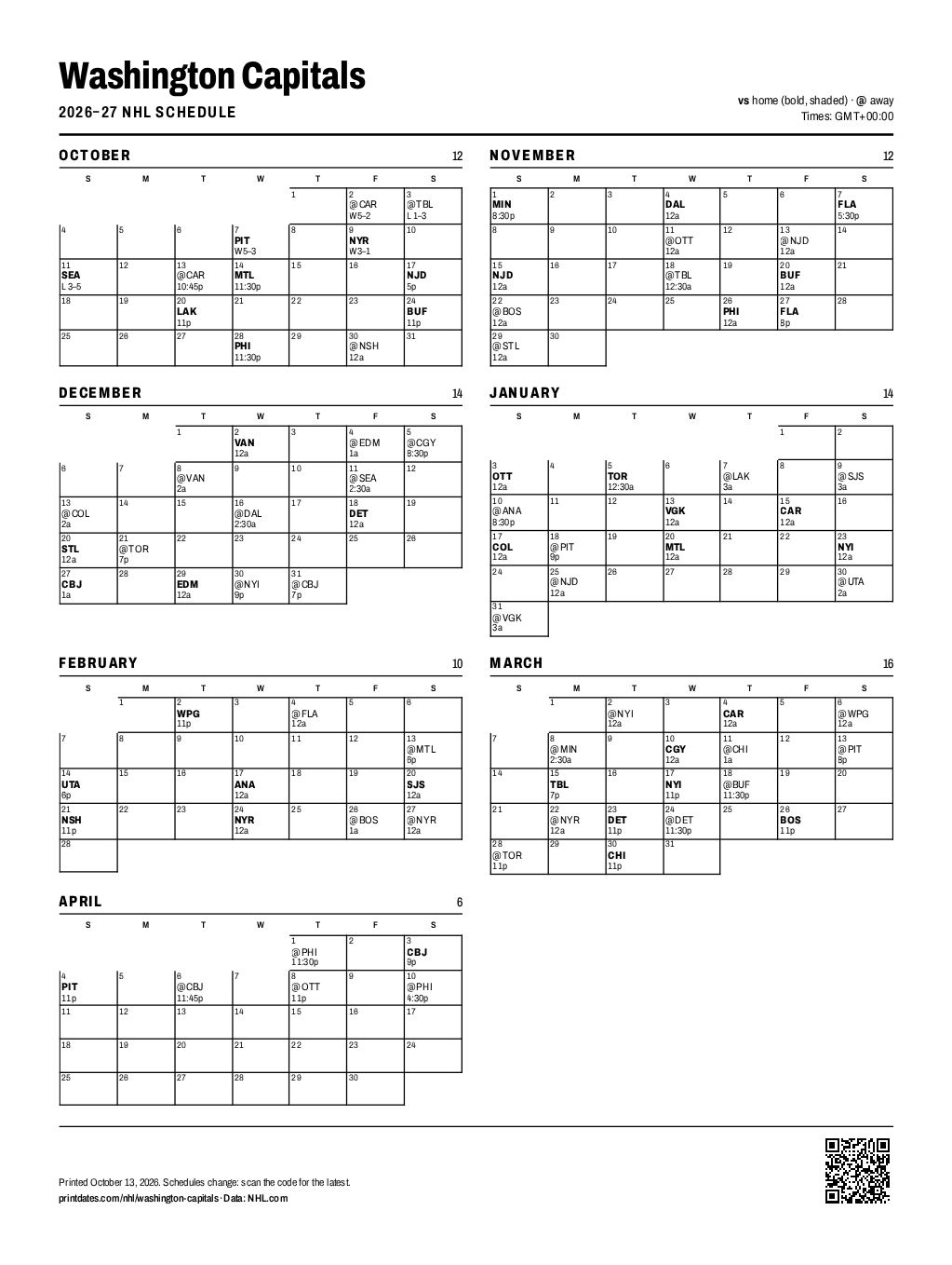 Washington Capitals 2026–27 printable schedule, all 84 games on one page