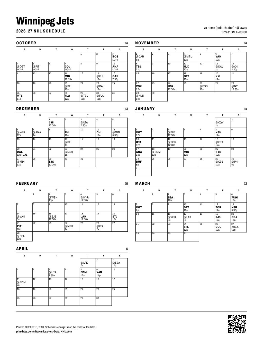 Winnipeg Jets 2026–27 printable schedule, all 84 games on one page