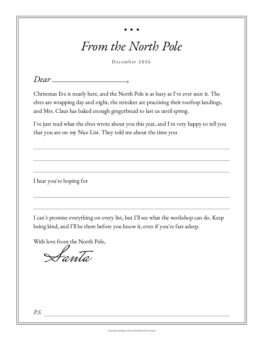 Printable letter from Santa 2026: Santa's words from the North Pole with lines to write what the elves noticed and the child's wish, signed by Santa