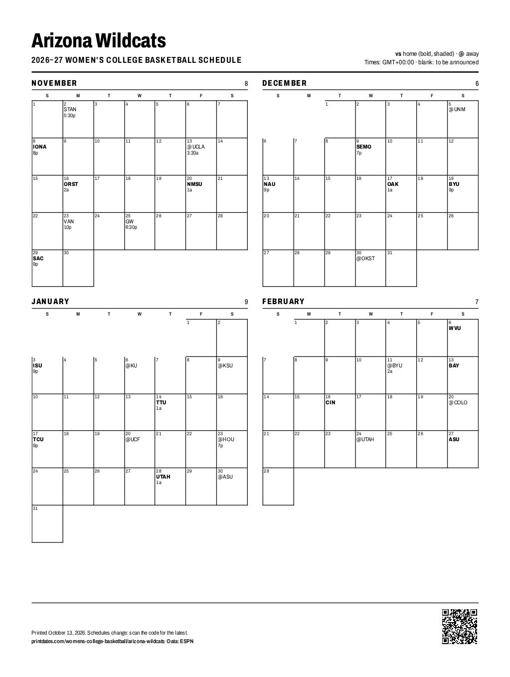 Arizona Wildcats women's basketball 2026–27 printable schedule, all 30 games on one page