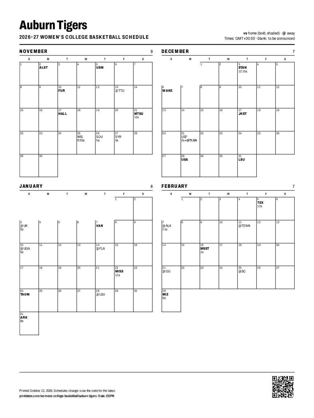 Auburn Tigers women's basketball 2026–27 printable schedule, all 31 games on one page