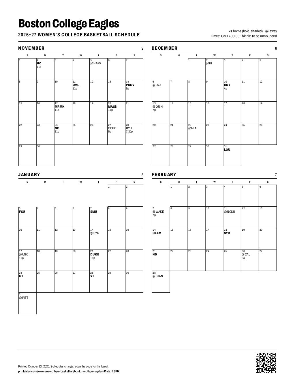 Boston College Eagles women's basketball 2026–27 printable schedule, all 30 games on one page