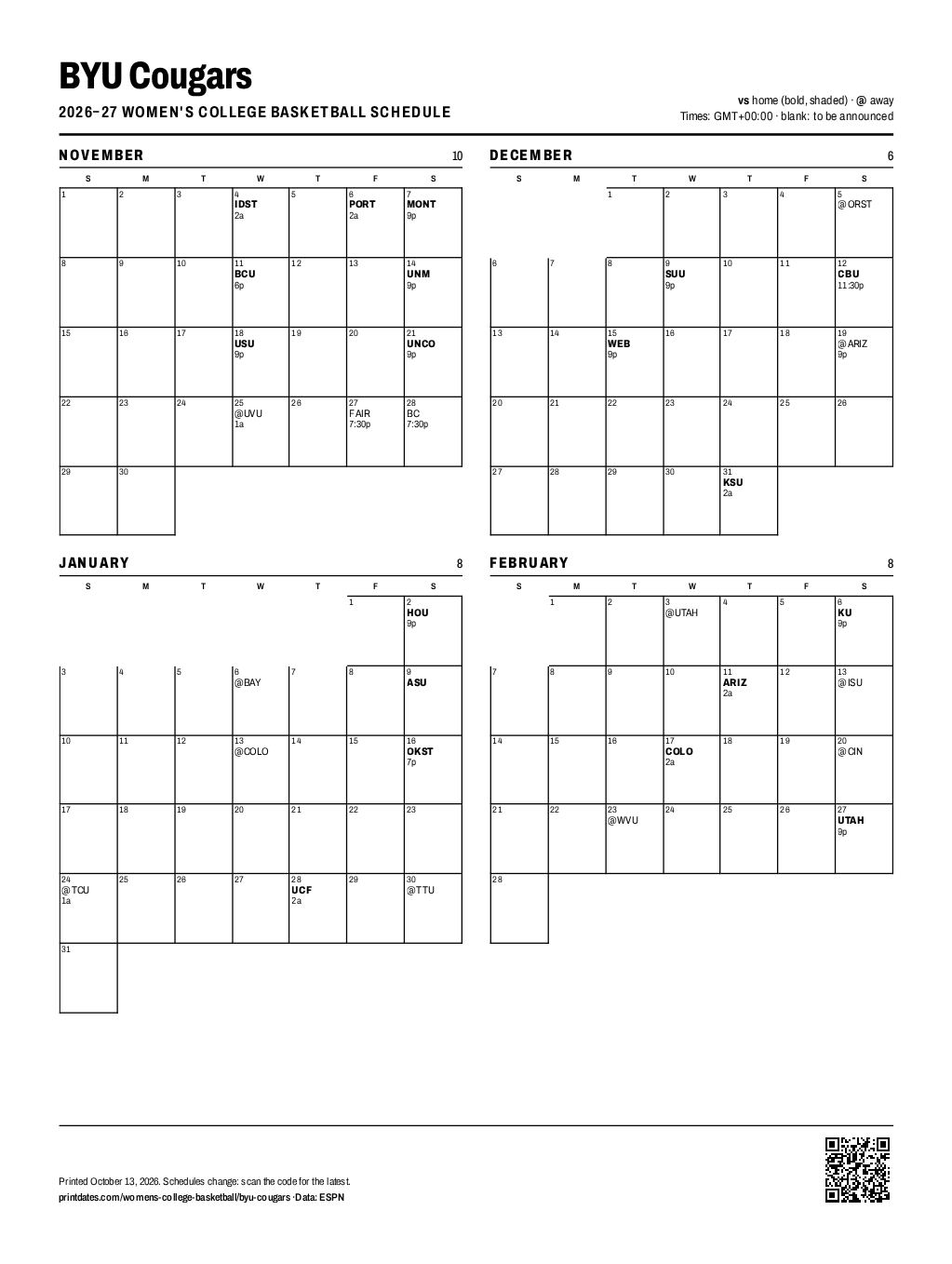 BYU Cougars women's basketball 2026–27 printable schedule, all 32 games on one page