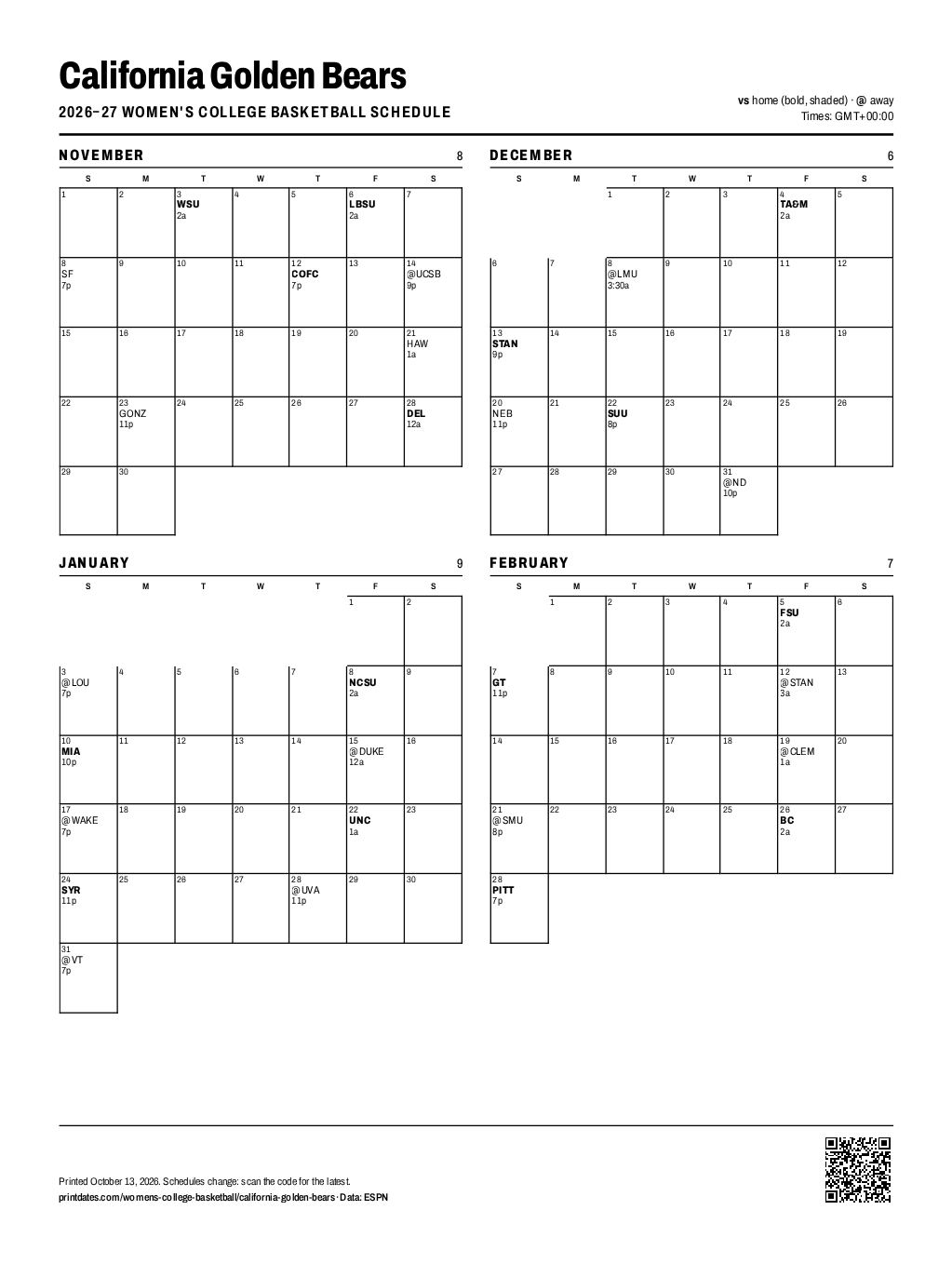 California Golden Bears women's basketball 2026–27 printable schedule, all 30 games on one page