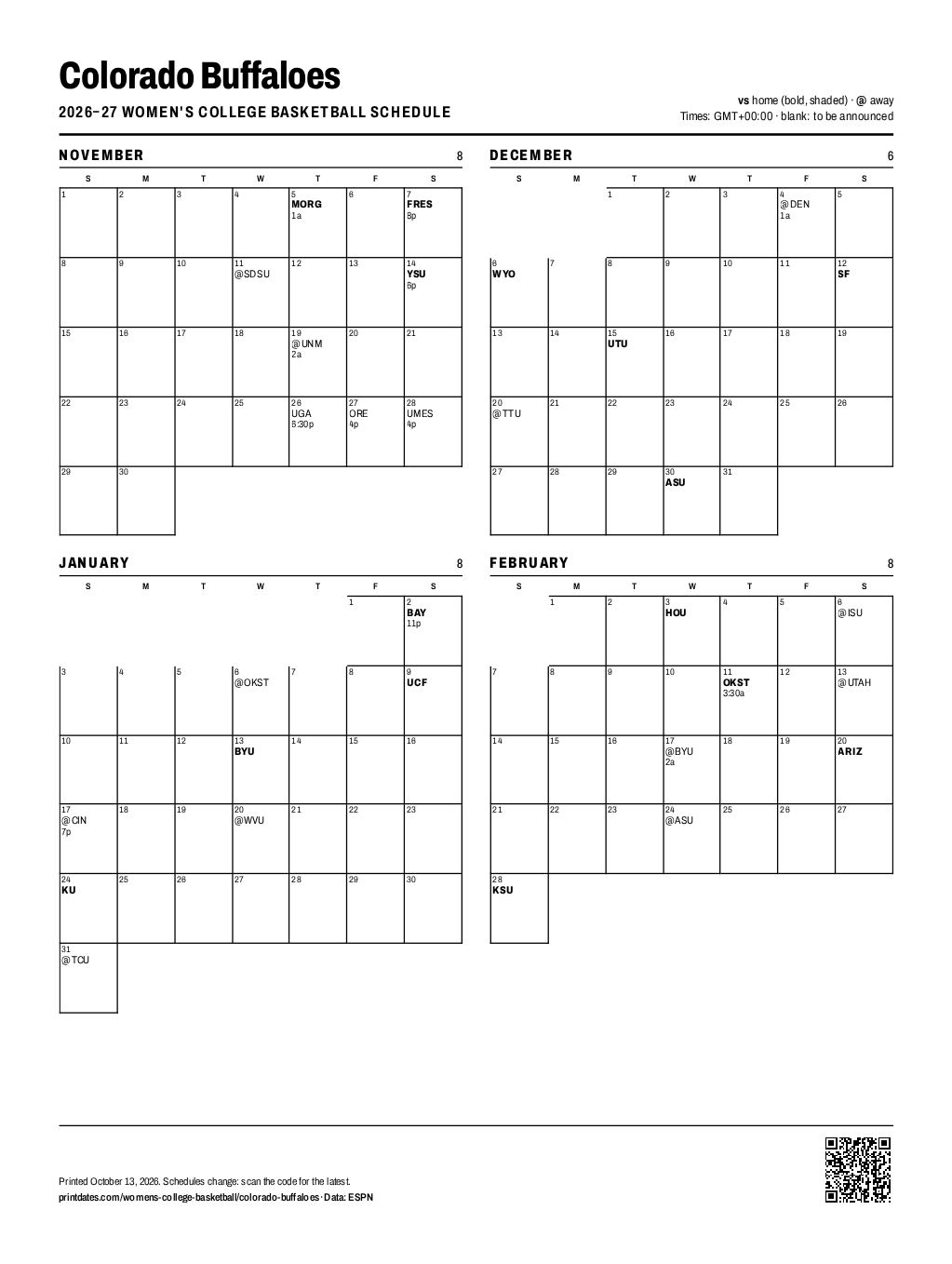 Colorado Buffaloes women's basketball 2026–27 printable schedule, all 30 games on one page