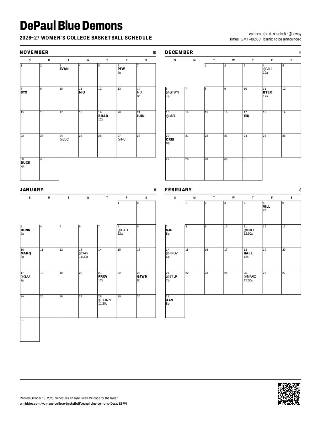 DePaul Blue Demons women's basketball 2026–27 printable schedule, all 32 games on one page