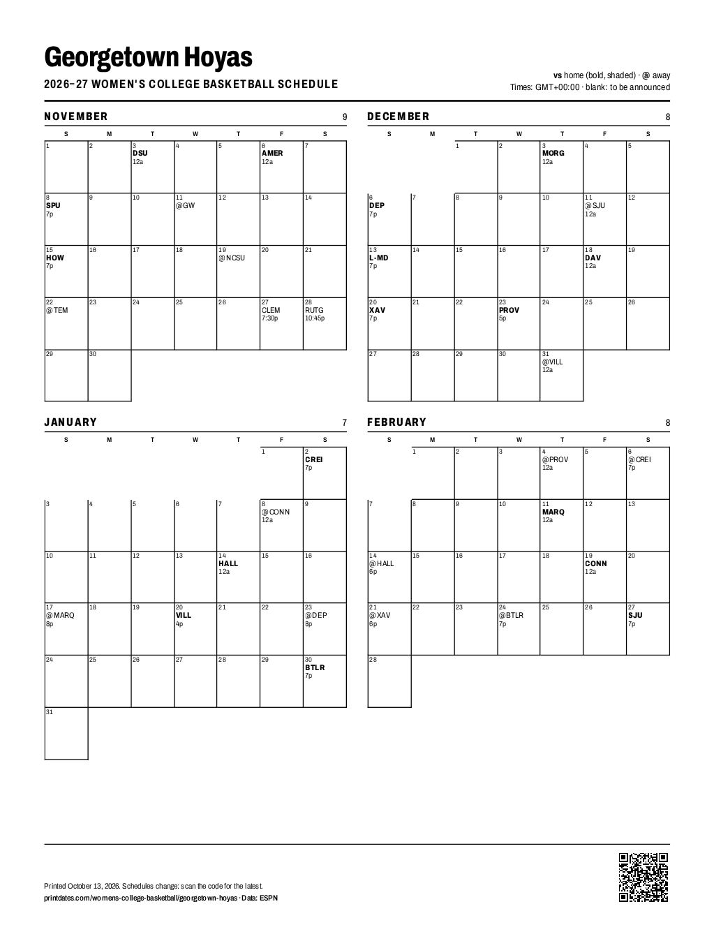 Georgetown Hoyas women's basketball 2026–27 printable schedule, all 32 games on one page