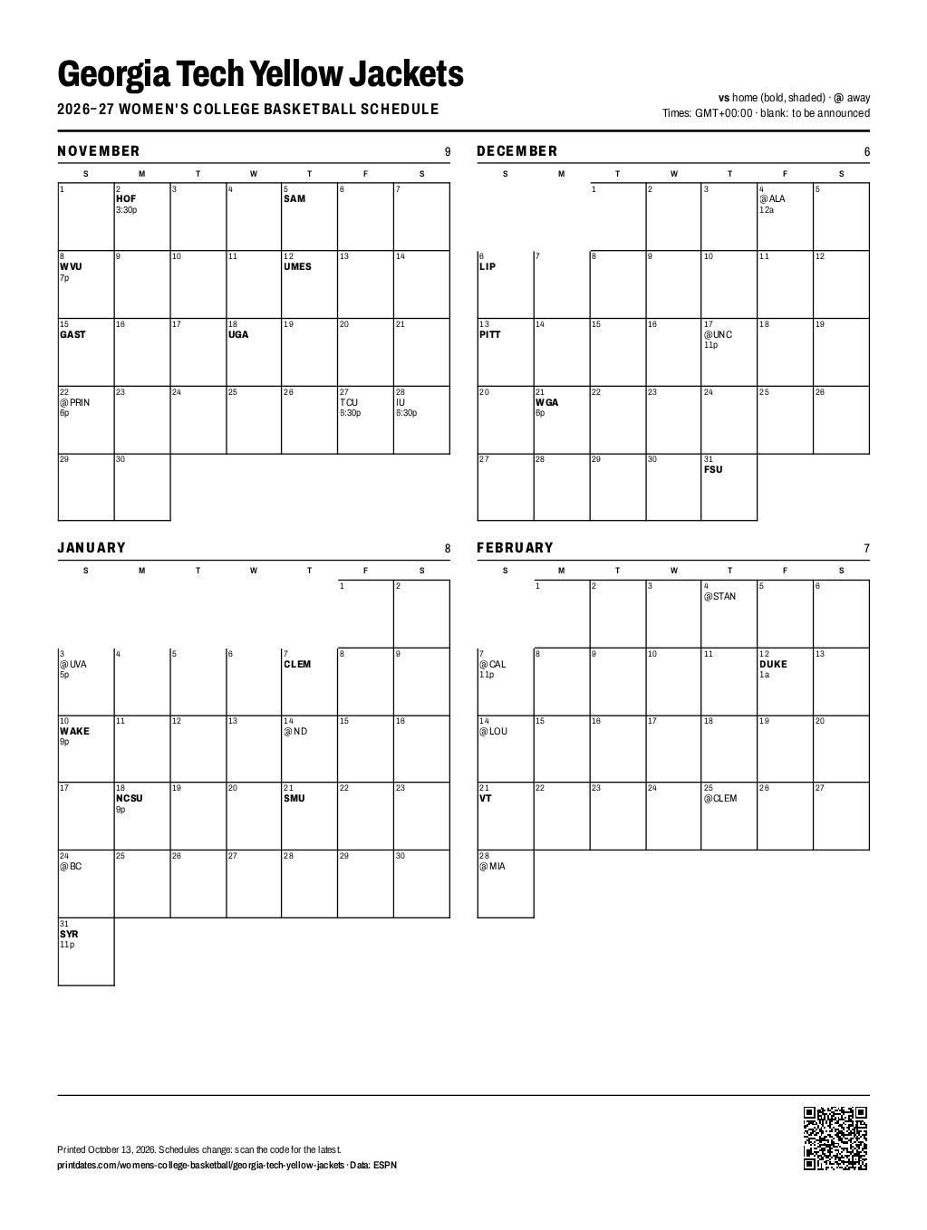 Georgia Tech Yellow Jackets women's basketball 2026–27 printable schedule, all 30 games on one page