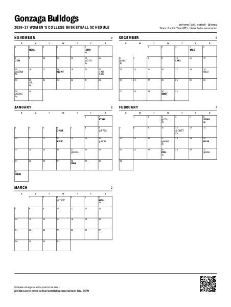 Gonzaga Women's Basketball Schedule 2026-27 Printable