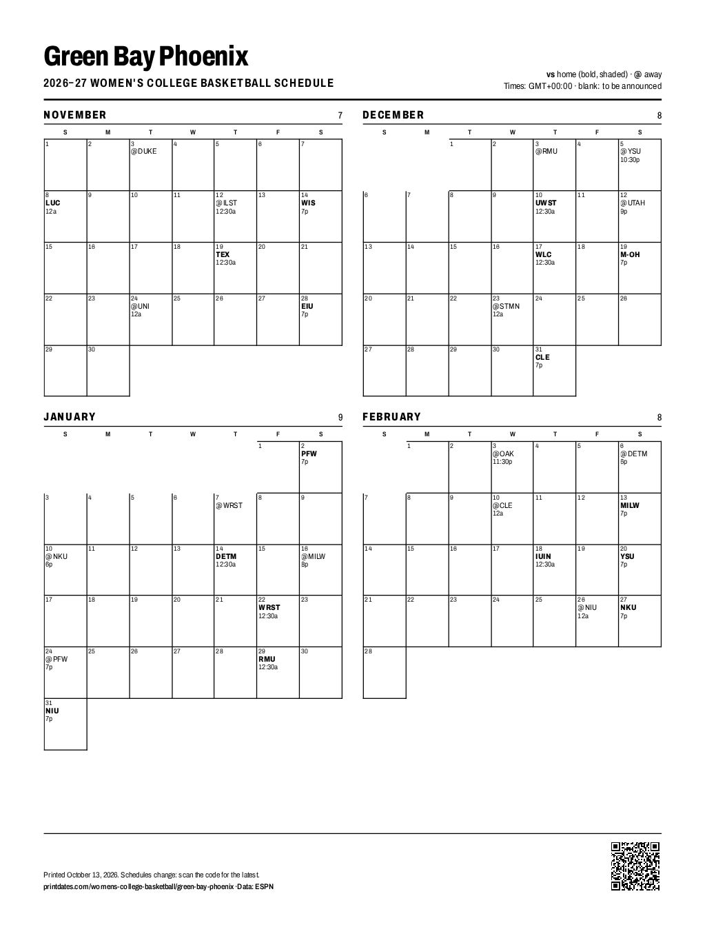 Green Bay Phoenix women's basketball 2026–27 printable schedule, all 32 games on one page
