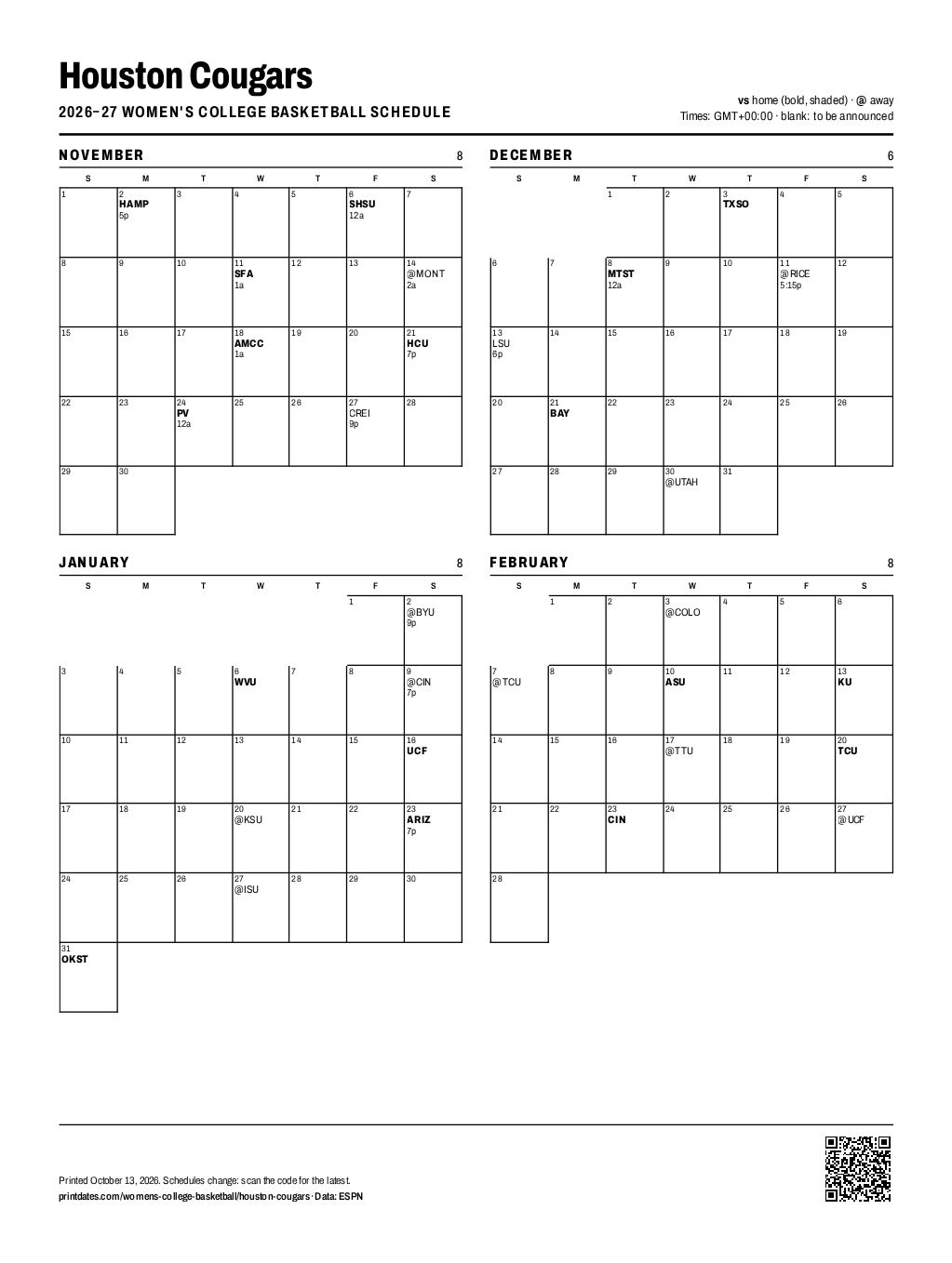 Houston Cougars women's basketball 2026–27 printable schedule, all 30 games on one page