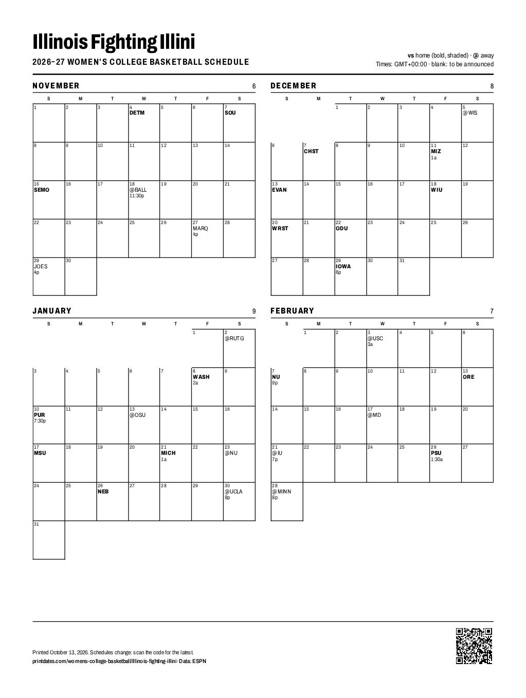 Illinois Fighting Illini women's basketball 2026–27 printable schedule, all 30 games on one page