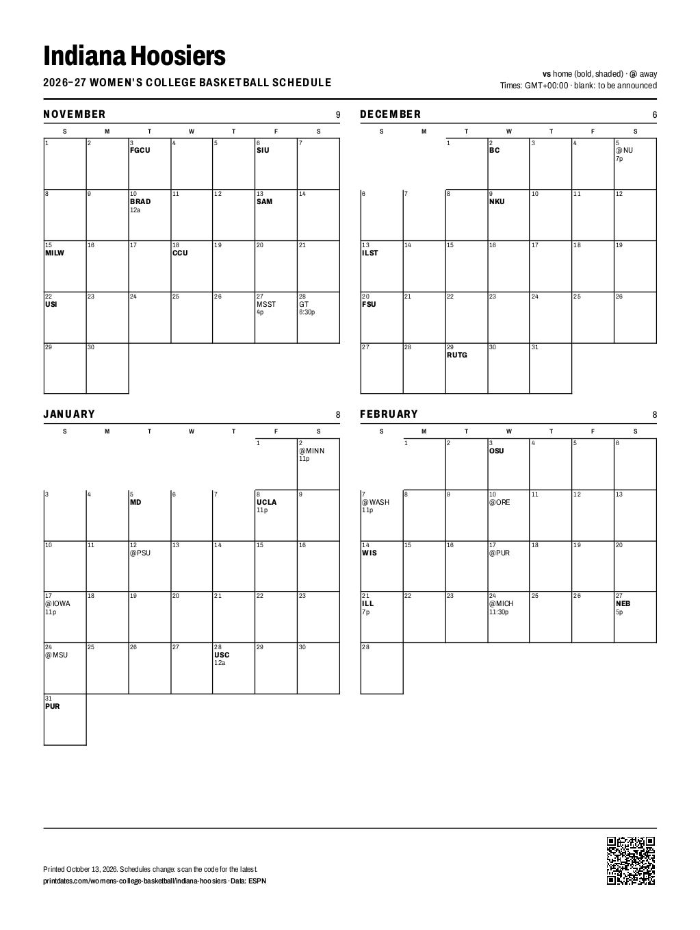Indiana Hoosiers women's basketball 2026–27 printable schedule, all 31 games on one page
