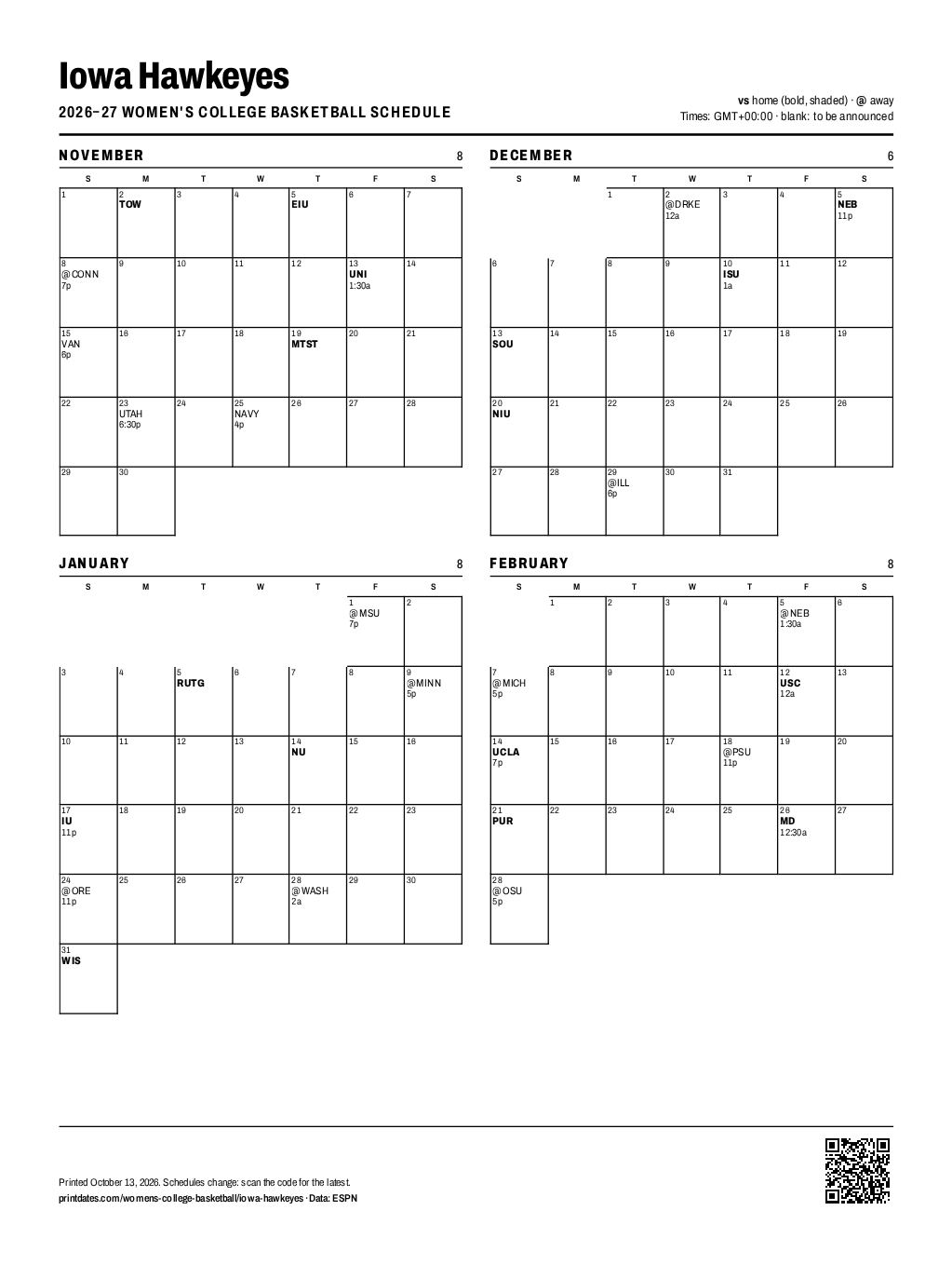 Iowa Hawkeyes women's basketball 2026–27 printable schedule, all 30 games on one page