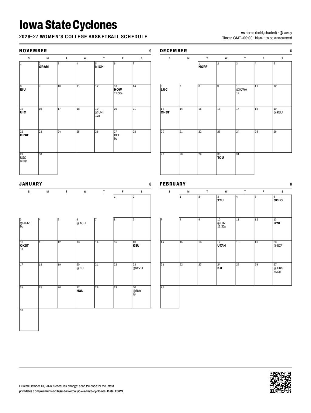Iowa State Cyclones women's basketball 2026–27 printable schedule, all 31 games on one page