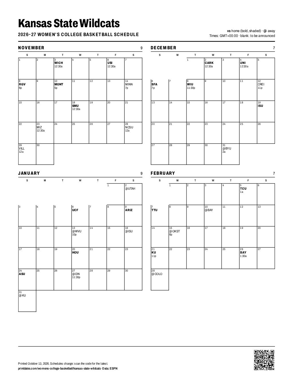 Kansas State Wildcats women's basketball 2026–27 printable schedule, all 32 games on one page