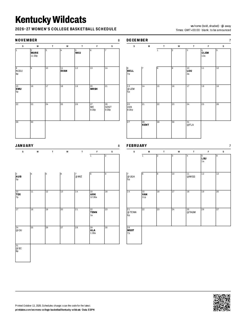 Kentucky Wildcats women's basketball 2026–27 printable schedule, all 30 games on one page