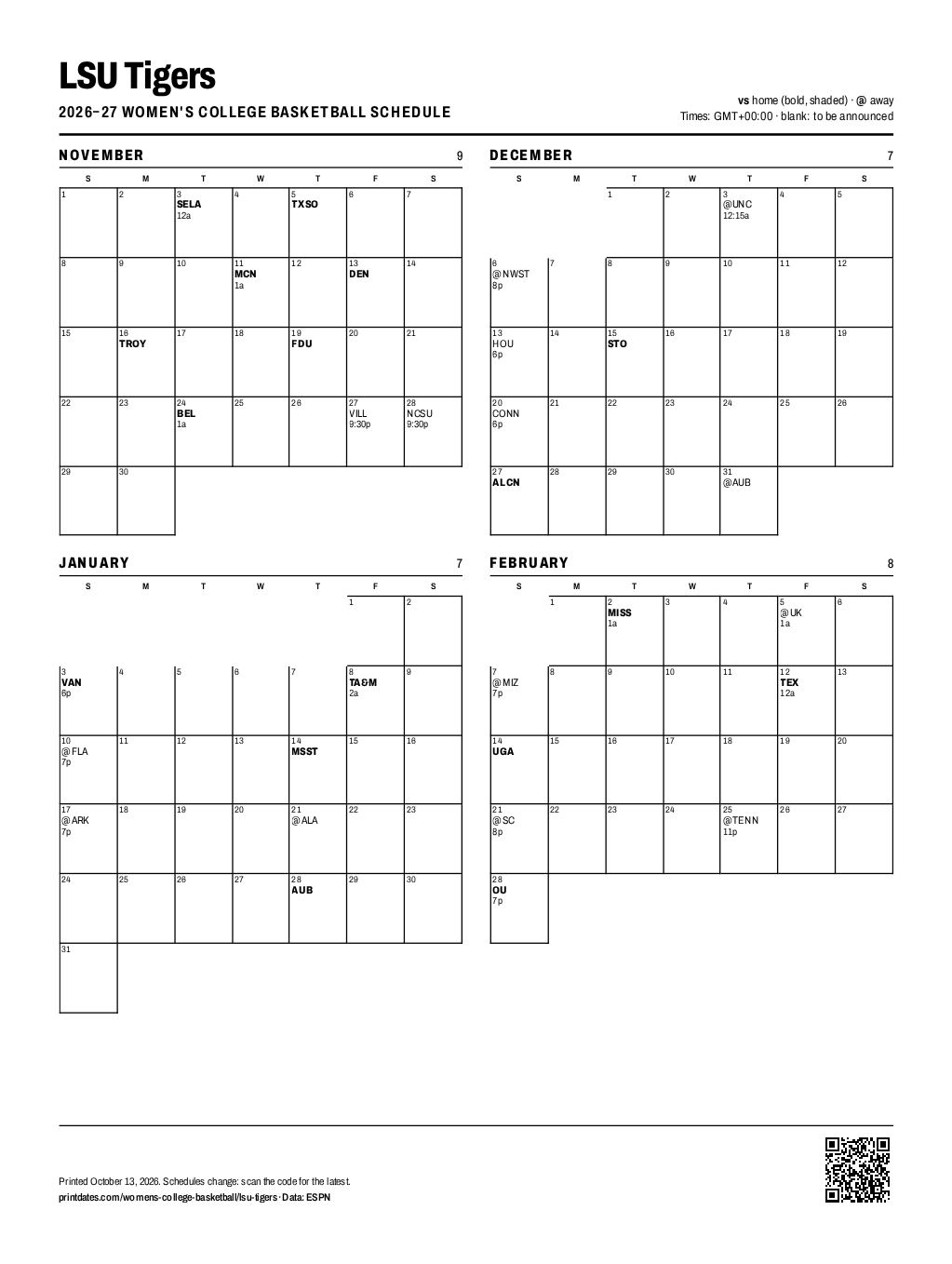 LSU Tigers women's basketball 2026–27 printable schedule, all 31 games on one page
