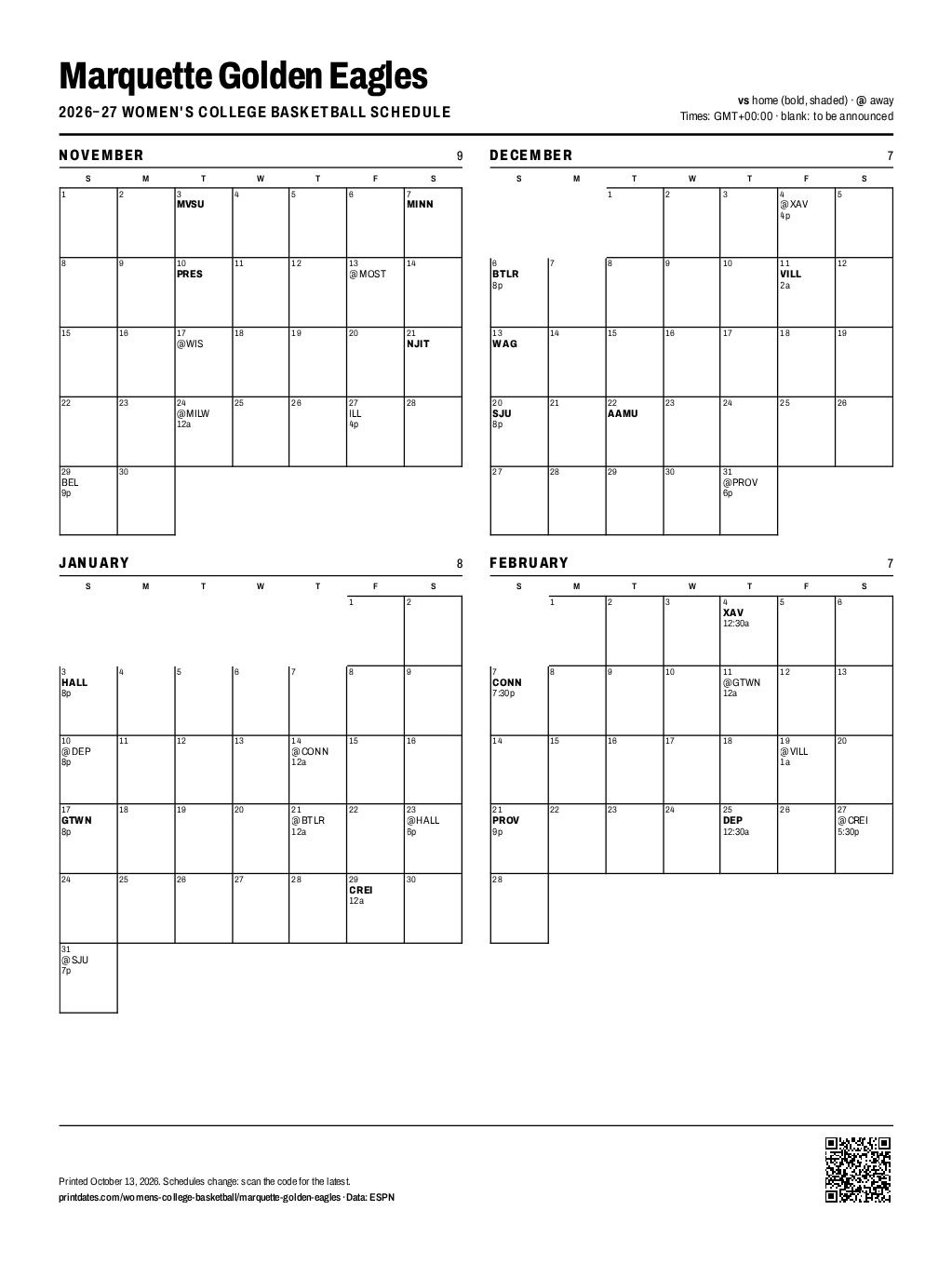 Marquette Golden Eagles women's basketball 2026–27 printable schedule, all 31 games on one page