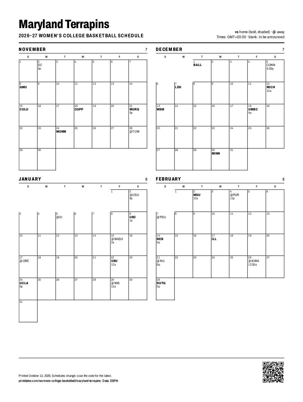 Maryland Terrapins women's basketball 2026–27 printable schedule, all 30 games on one page