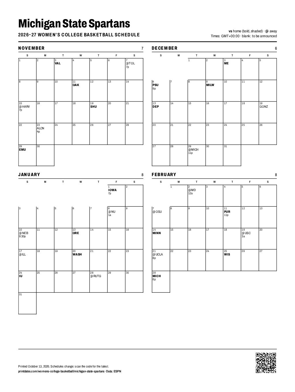 Michigan State Spartans women's basketball 2026–27 printable schedule, all 29 games on one page