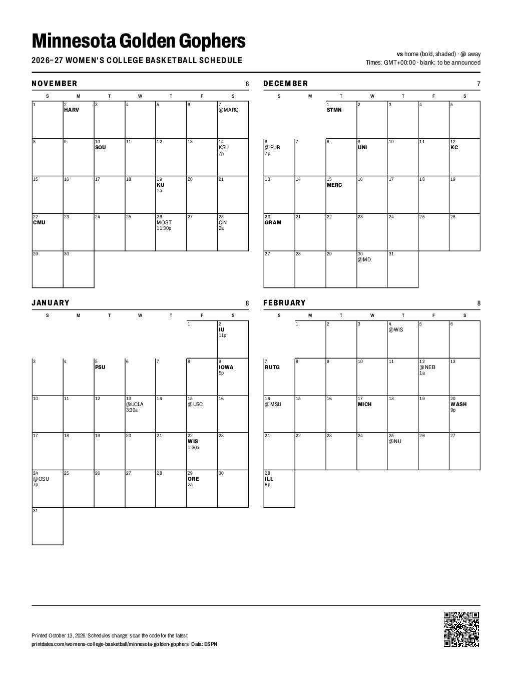 Minnesota Golden Gophers women's basketball 2026–27 printable schedule, all 31 games on one page
