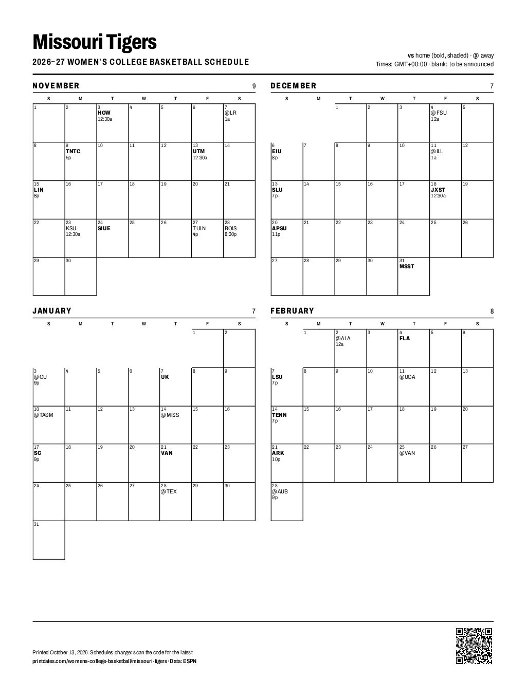 Missouri Tigers women's basketball 2026–27 printable schedule, all 31 games on one page